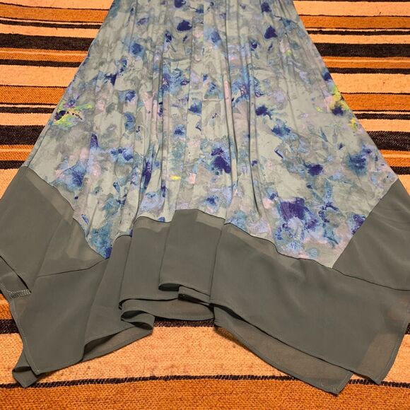 LOGO Maxi Dress Blue watercolor Handkerchief Hem Medium Artsy Flowy Costal Beach - Picture 5 of 6